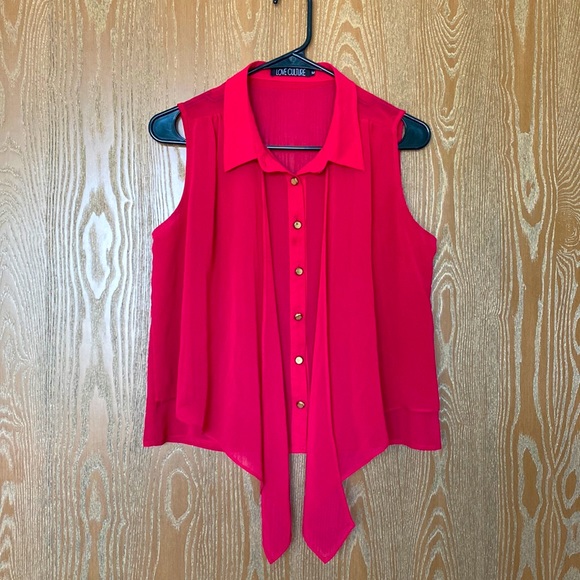 Pink button-up tank top with tie in front - Picture 2 of 3